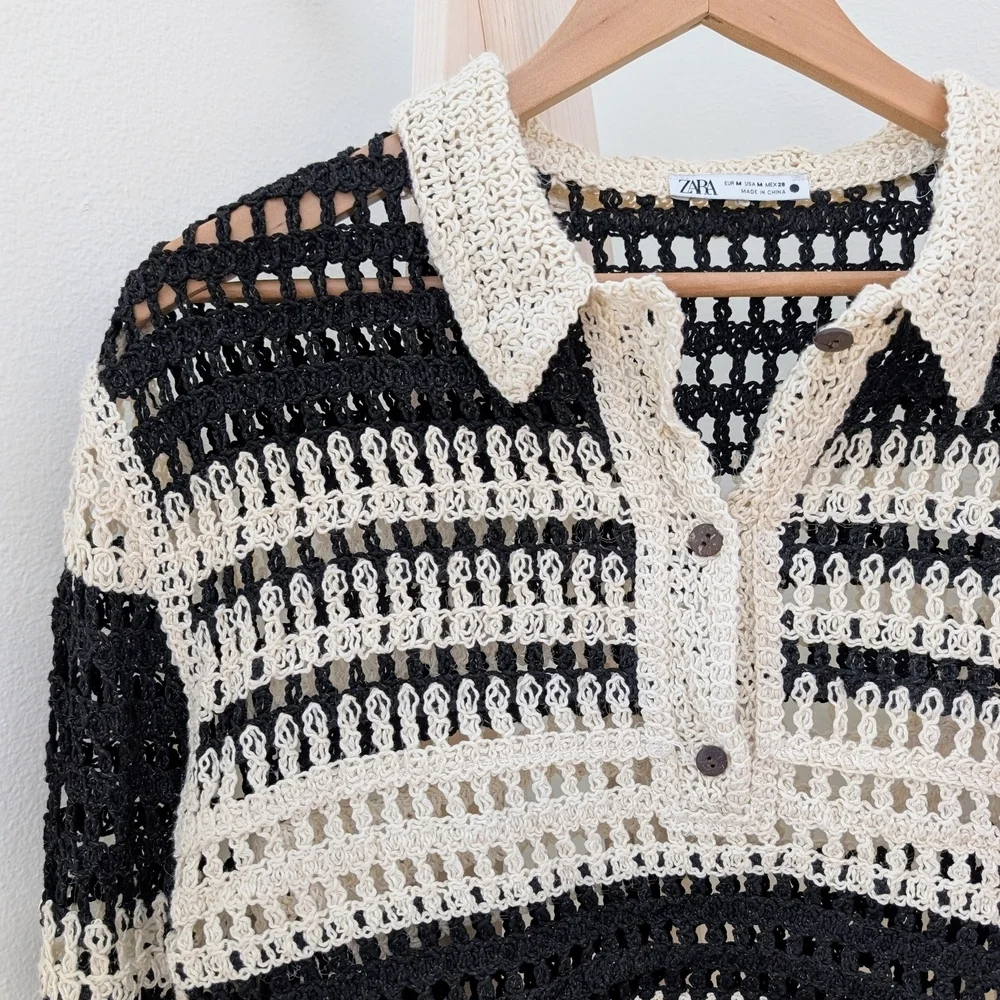 Zara Crochet Open Knit Striped Collared Henley Top In Black/Ivory